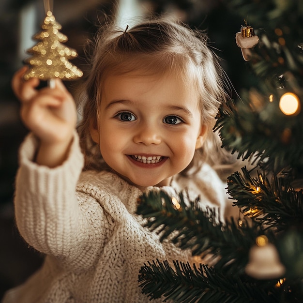 Holiday Happiness Smiling Girl Adorns the Christmas Tree