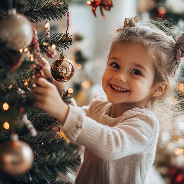 Holiday Happiness Smiling Girl Adorns the Christmas Tree