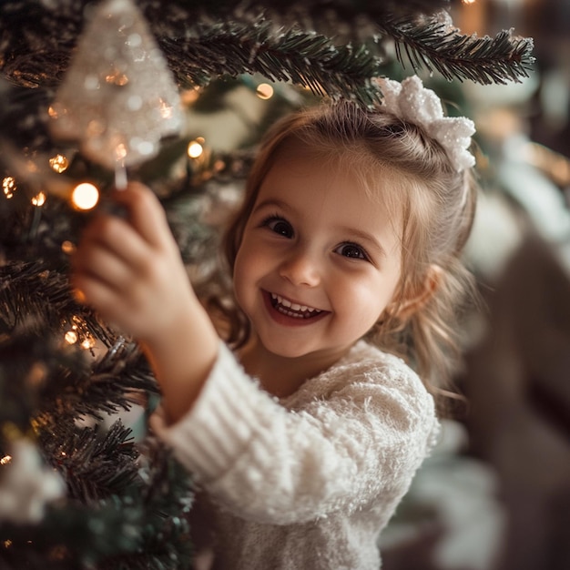 Holiday Happiness Smiling Girl Adorns the Christmas Tree