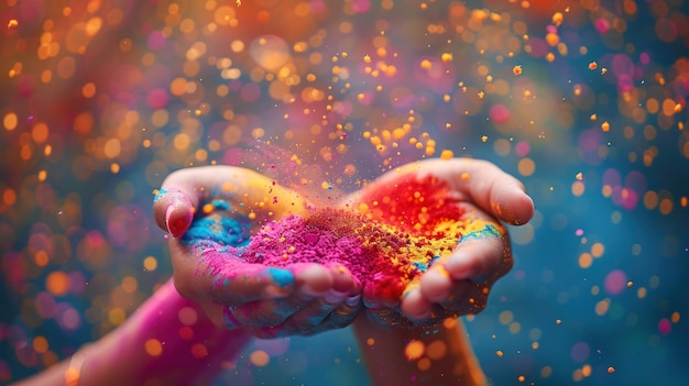 Holiday Holi an explosion of colorful colors Vivid bright pigments Noisy dust and powder The sound flickers and shimmers