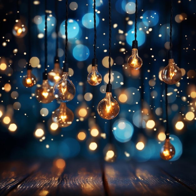 holiday illumination and decoration concept christmas garland bokeh lights over dark blue backgrou