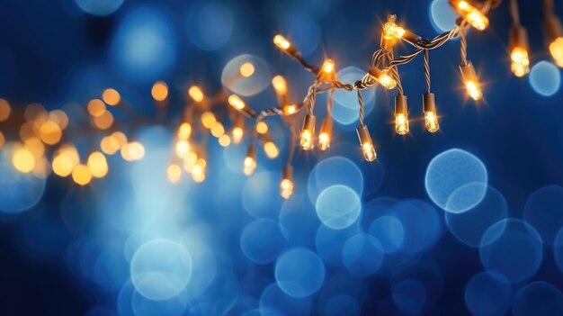 Holiday illumination and decoration concept christmas garland bokeh lights over dark blue background