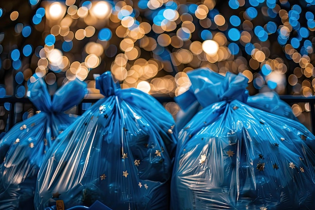 Photo the holiday is over garbage after the festive new years eve blue garbage bags with new years