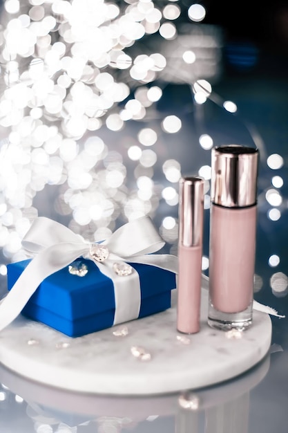 Holiday makeup foundation base concealer and blue gift box luxury cosmetics present and blank label products for beauty brand design