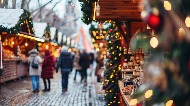 Photo holiday market bustling with visitors lined with festive stalls and twinkling lights during winter season