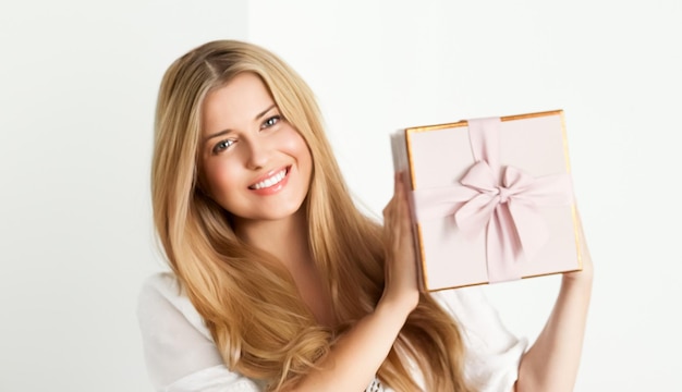 Holiday present for birthday baby shower wedding or luxury beauty box subscription delivery happy woman holding a wrapped pink gift