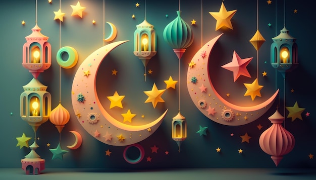 Holiday ramadan with crescent moon stars and lanterns Generative AI