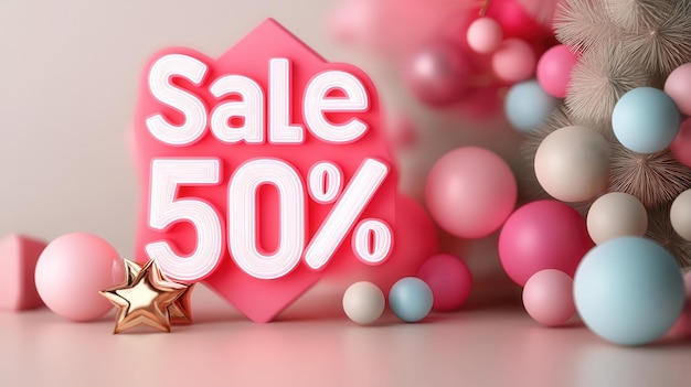 Holiday Sale Discount Banner with Glowing Pink and White Decorative Spheres