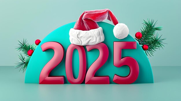 Holiday scene with 2025 numbers in pink on a turquoise background topped with a fluffy Santa hat and decorated with pine branches and red ornaments