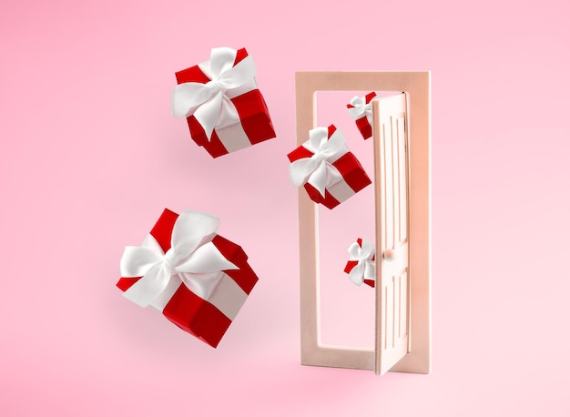 Holiday shopping concept Red gift boxes fly out of wooden door on pink background