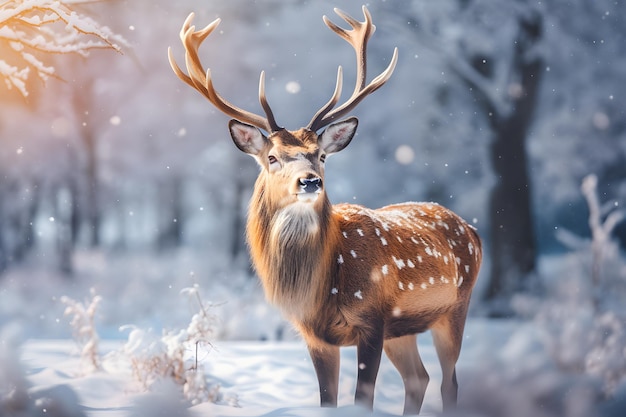 Holiday Spirit in the Snow AIRendered Noble Stag Roaming a Christmas Forest