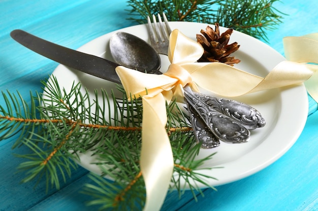 Holiday table setting with Christmas decoration