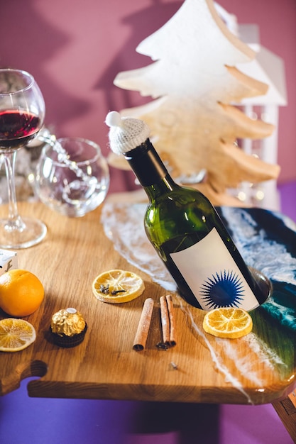 Holiday table with wine and candles