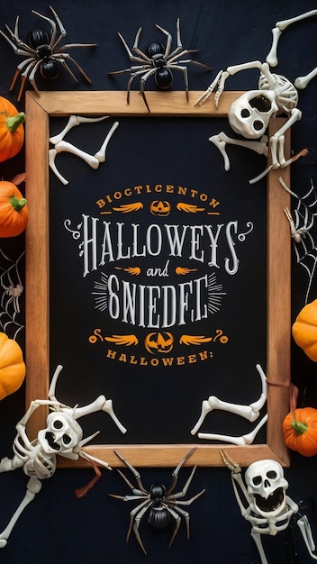 Photo holidays image of halloween spiders skeletons and wooden board frame with text