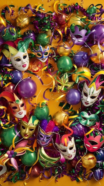 Holidays image of mardi gras masquarade masks streamers and balloons over yellow background