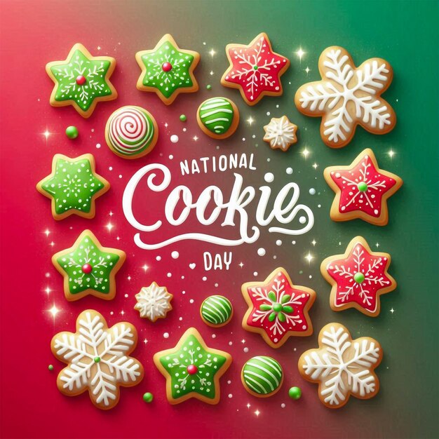 Photo holidaythemed cookies with colorful icing for national cookie day on red to green gradient bg