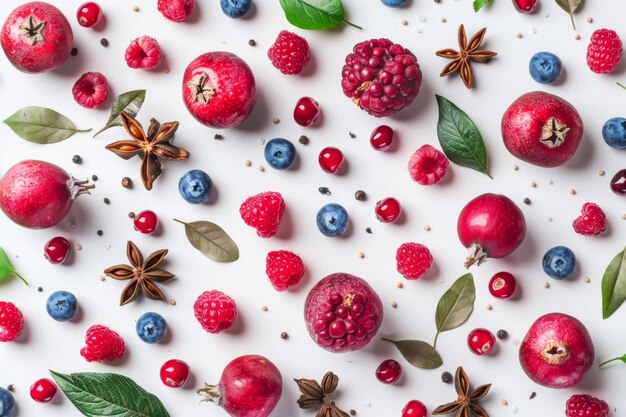 Photo holidaythemed flat lay with berries spices and greenery set against a white background capturin