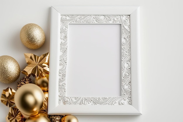 Holidaythemed white A4 frame Gold ornaments and baubles on a white background