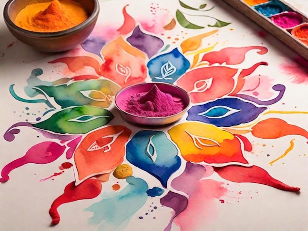 A Holithemed rangoli using watercolors on paper Incorporate iconic Holi colors and symbols to capture the festive spirit