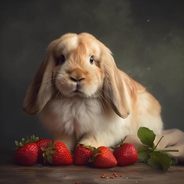 A holland lop rabbit with strawberries on the table