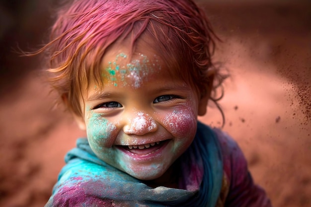 Holly Generative AI A cheerful darkhaired child poses looking at the camera smeared with multicolored powder Closeup of the face