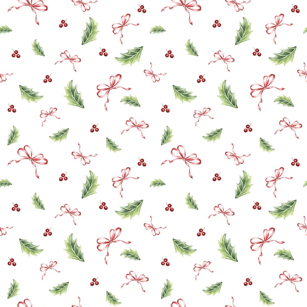 Holly green leaves berries and red bows christmas seamless pattern vintage hand drawn