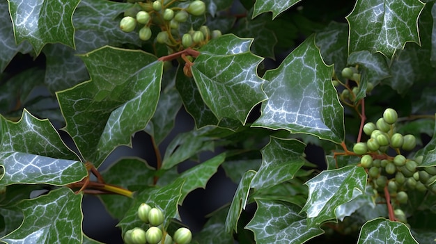 Holly leaves with green berries and buds closeup