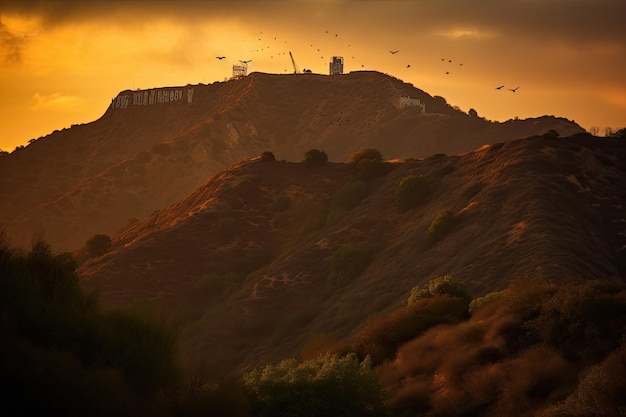 Hollywood sign Golden sunset over cinematic icon generative IA