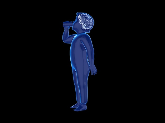 Hologram of a boy drinking milk with a graphic brain inside the head isolated on black