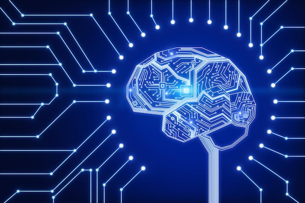 Hologram brain encircled with dots and lines artificial intelligence concept 3d rendering