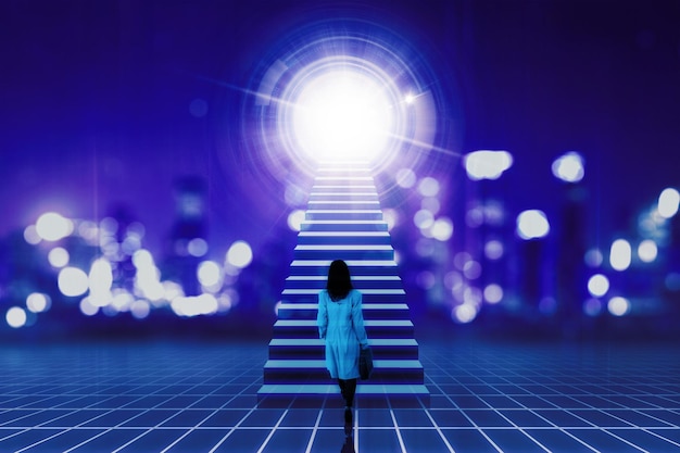 Hologram of a businesswoman standing by stairs looking at bright light