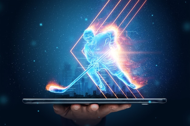 Hologram of a hockey player silhouette on fire