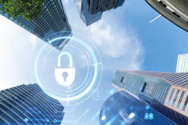 Hologram padlock icons symbolize the business protection in Asia over low angle shot of Singapore skyscrapers The concept of information security shields Double exposure