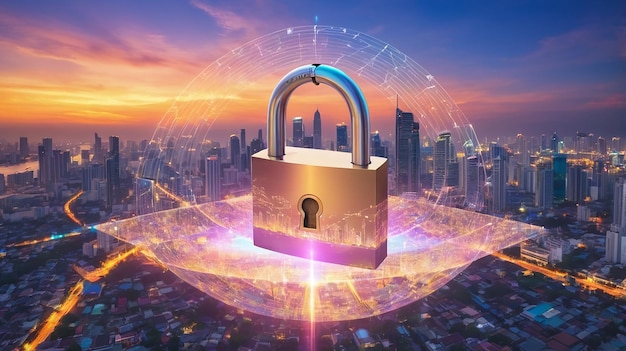 Hologram of Padlock on sunset panoramic cityscape of Bangkok Asia The concept of cyber security intelligence Multi exposure