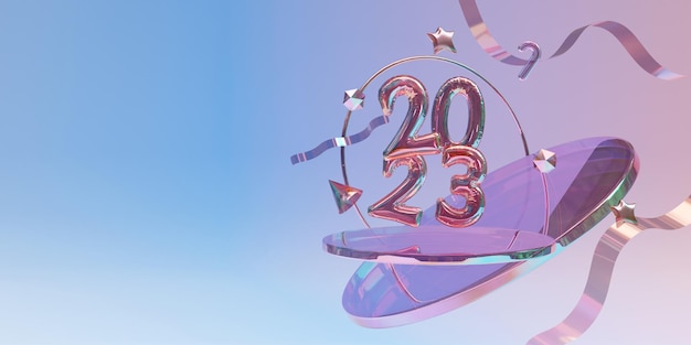 Holographic 2023 Happy New Year 3d rendering banner flyer layout design