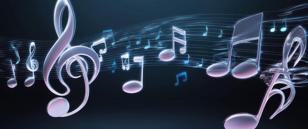 Holographic 3D music notes floating in a dark space enhancing digital creativity