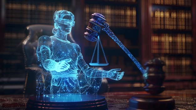 Photo holographic bankruptcy judge presiding over future digital courtroom