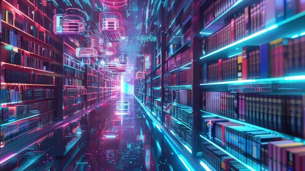 Holographic bookshelves in virtual library with neon lights wallpaper