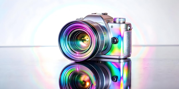 Holographic Camera with Ambient Glow on Reflective Surface Photo Stock Concept