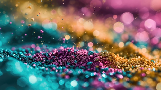 Holographic colorful shining glitter sand differen textures close up wallpaper background