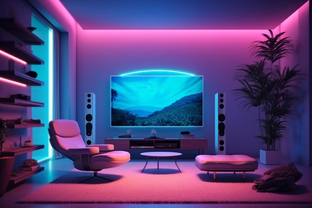 Holographic decorations Television mockup The room is pink Stream the game live Ai photo