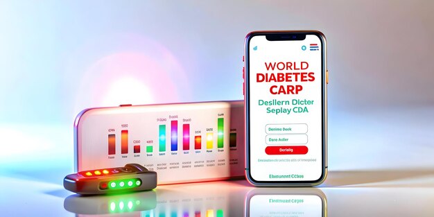 Photo holographic diabetes care app and blood sugar test strips concept as a sleek and glossy image featur