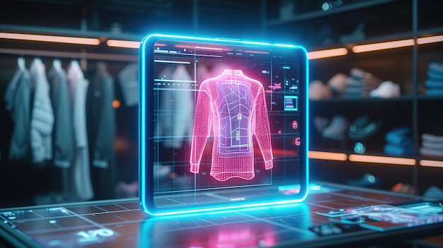 Photo holographic display of a garment design in a hightech fashion studio showcasing advanced clothing