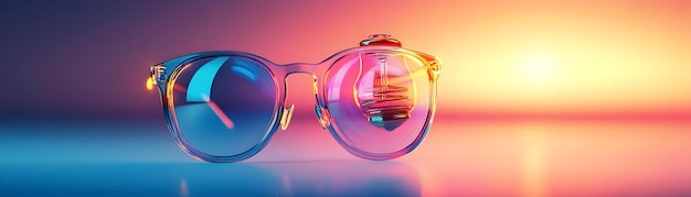 Photo holographic glasses with glowing light bulb and ample copy space on a white background a bright imag