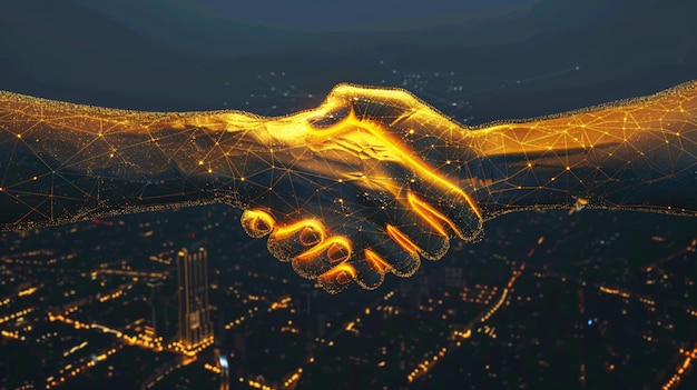 Holographic golden handshake over a dark cityscape symbolizing digital agreement