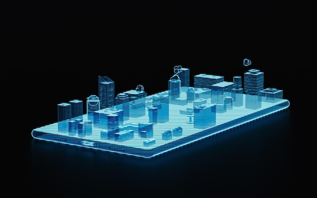 Holographic image of city on mobile phone futuristic element 3d rendering