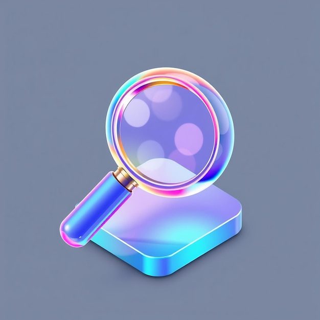 Photo holographic magnifying glass and iridescent square on gray background