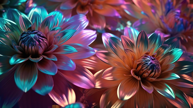 Holographic neon flowers Dark purple wallpaper with abstract flowerGenerative ai