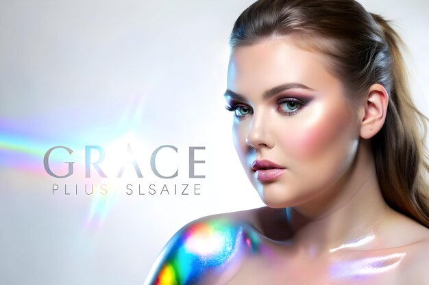 Photo holographic plus size model profile with grace text concept as a sleek glossy holographic profile of