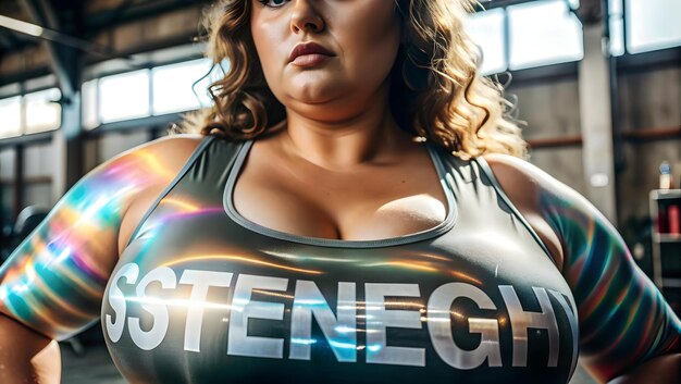 Photo holographic plus size model shoulders with strength text concept as a sleek glossy holographic image